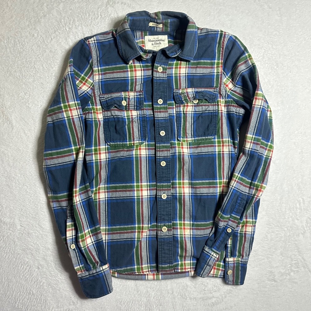 Abercrombie & Fitch Men's S Muscle Fit Plaid Flannel Shirt Blue Green Red Y2K
